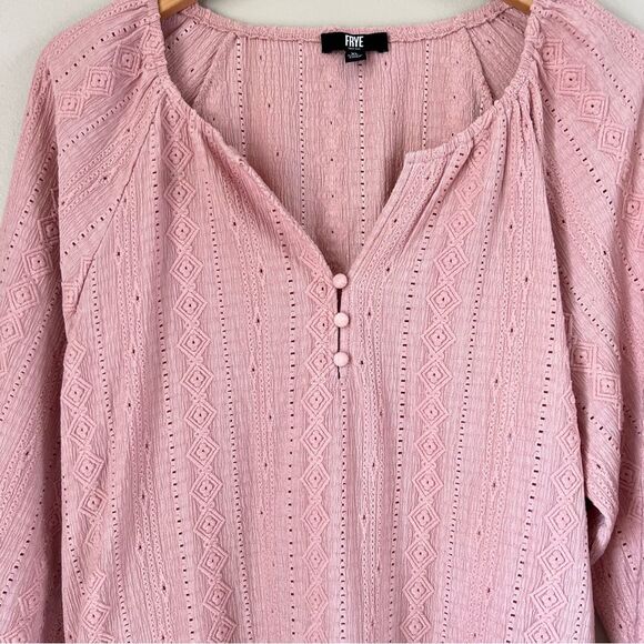 Frye Blush Pink Textured Long Puff Sleeve Western Cottagecore Blouse SZ XL - Picture 2 of 13